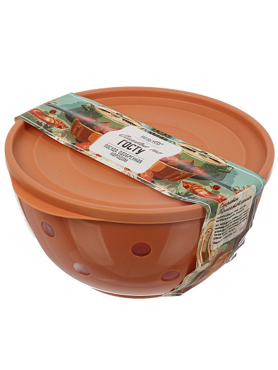 Салатник пластик, круглый, 19.7х10.4 см, 2 л, с крышкой, Оливье по ГОСТу, Berossi, ИК 61496000, кирпичный
