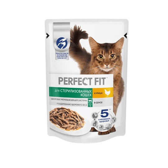 Корм для животных Perfect Fit, 75 г, для стерилизованных кошек и кастрированных котов, кусочки в соусе, курица, N1798