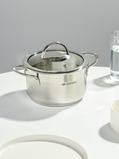 Кастрюля нержавеющая сталь, 1.8 л, крышка стекло, Daniks, Бонн, GS-01319-16CA, индукция