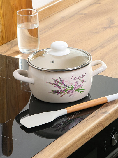 Кастрюля эмалированная сталь, 2 л, крышка стекло, полусфера, ЛЗЭП, Лаванда, С-4210САП2/4Жм, индукция