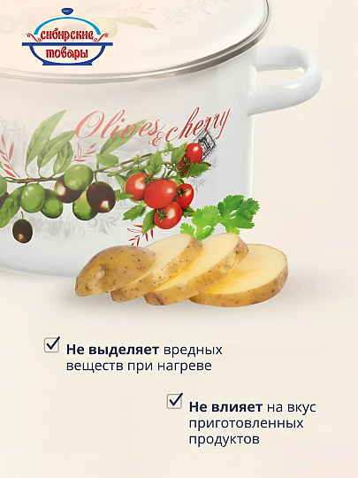 Кастрюля эмалированная сталь, 5.5 л, крышка сталь, цилиндрическая, Сибирские товары, Оливки и черри, 3MD221P, индукция