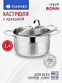 Кастрюля нержавеющая сталь, 3.4 л, крышка стекло, Daniks, Бонн, GS-01319-20CA, индукция
