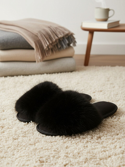 Тапки для женщин, черные, р. 37, меховые, ЛЮКС А