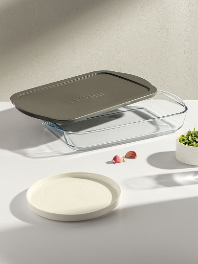 Форма для запекания стекло, 25х40х6 см, 3.85 л, прямоугольная, с крышкой, Borcam, 59124GREY