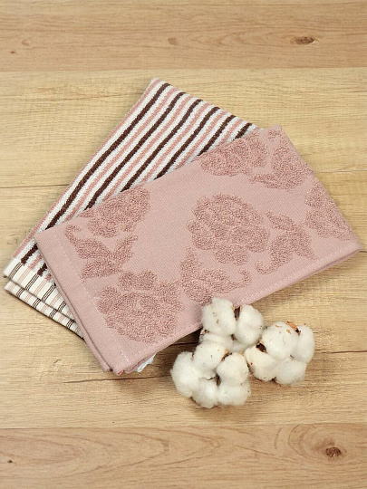 Набор полотенец кухонных 2 шт, 30х50 см, махровый, 100% хлопок, 420 г/м2, Barkas, Розы, розово-бежевый, Узбекистан