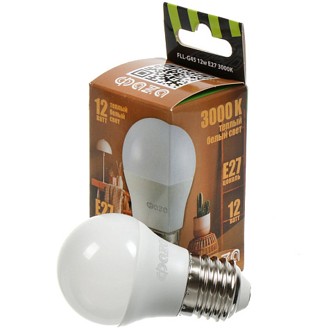 Лампа светодиодная E27, 12 Вт, 230 В, 3000 К, свет теплый белый, ФАZА, FLL- G45
