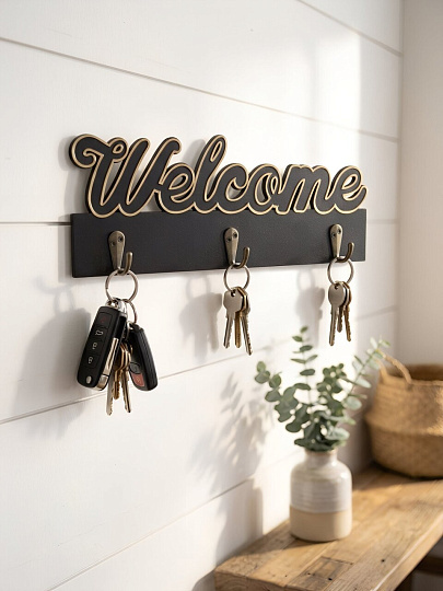 Ключница Welcome, 29.5х10.5 см, МДФ, 3 крючка, на декоративном панно, A200144, черная