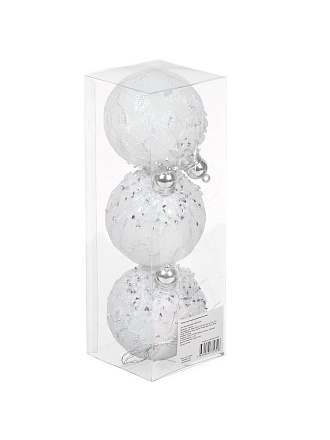 Елочный шар 3 шт, белый, 8 см, пластик, с серебряным декором, SYKCQA-012011