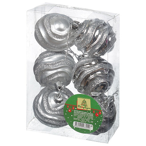 Елочный шар Сноубум, Рифленый, 6 шт, серебро, 6 см, пластик, 373089