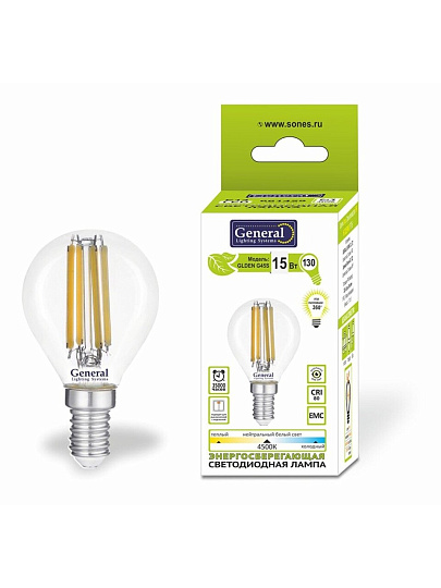 Лампа светодиодная E14, 15 Вт, 170-260 В, шар, 6500 К, General Lighting Systems, Филамент, прозрачное стекло, 661430