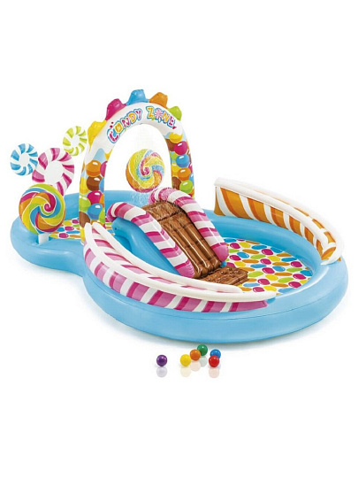 Игровой центр-бассейн Intex, 295х130х191 см, Сладости, 57149NP, 206 л, горка, распылитель, 6 мячиков, 2 конфеты, от 3 лет