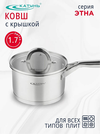 Ковш нержавеющая сталь, 1.7 л, крышка стекло, ручка нержавеющая сталь, индукция, Катунь, Этна, КТ21-К