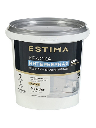 Краска водно-дисперсионная, Estima, полиакриловая, интерьерная, матовая, белая, 1.5 кг