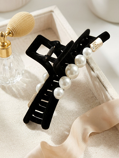 Заколка для волос черная с белыми бусинами, 12см Y4-11623