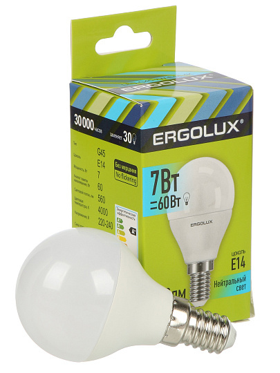 Лампа светодиодная E14, 7 Вт, 60 Вт, 220 В, шар, 4000 К, нейтральный белый свет, Ergolux, 12144