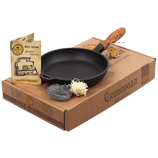 Сковорода чугун, 24 см, Maysternya, черная, с деревянной ручкой, индукция, Т302