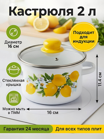 Кастрюля эмалированная сталь, 2 л, крышка стекло, цилиндрическая, Сибирские товары, Лимоны, 1MD161S, белая, индукция