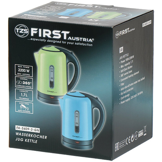 Чайник электрический First, FA-5409-3-BU, голубой, 1.7 л, 2200 Вт, скрытый нагревательный элемент, LED подсветка, сталь