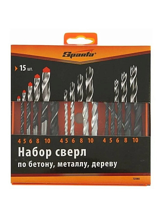 Набор сверл по бетону, металлу, дереву, 15 шт, Sparta, 4, 5, 6, 8, 10 мм, комбинированный, цилиндрический хвостовик, 725085