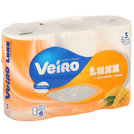 Туалетная бумага Veiro, Luxx, Манго, 3 слоя, 6 шт, 15 м, с втулкой