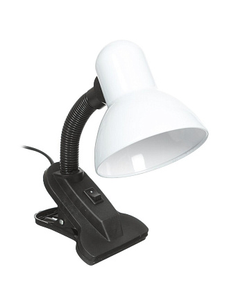 Светильник настольный на прищепке, E27, 60 Вт, черный, абажур белый, Ultraflash, UF-320P C01, 12370