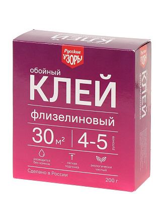 Клей для флизелиновых обоев, Русские узоры, 200 г, 4-5 рулонов, картонная коробка, 00090