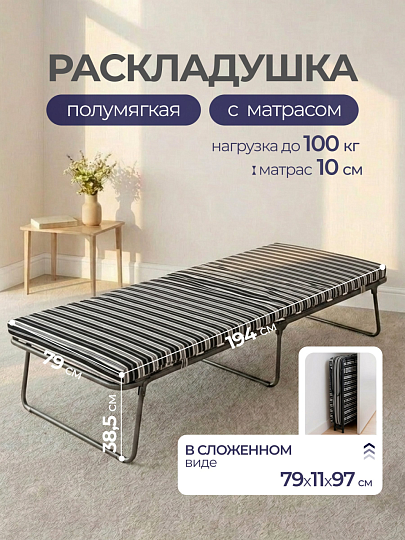 Раскладушка 194х79х38.5 см, 100 кг, Отдых, с4/17/140, полумягкая, сталь, пружинная змейка, матрас в комплекте, поролон