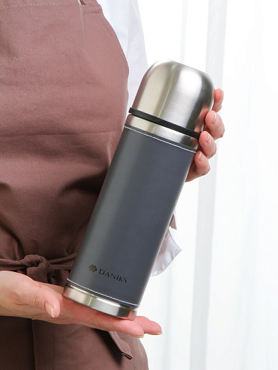 Термос нержавеющая сталь, 0.5 л, Daniks, Тепло, колба нержавеющая сталь, оплетка с эффектом кожи, графит, DYP-500P