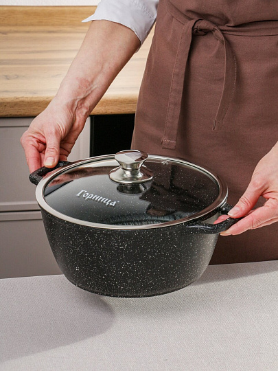 Кастрюля литой алюминий, антипригарное покрытие, 4 л, крышка стекло, Горница, Гранит Induction, Ик243аг, индукция