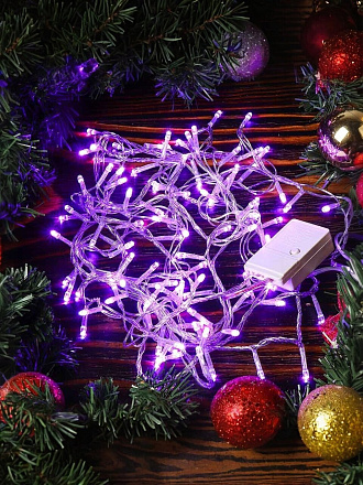 Гирлянда 100 ламп, 5 м, 8 режимов, фиолетовый, прозрачная, в помещении, сетевая, LED