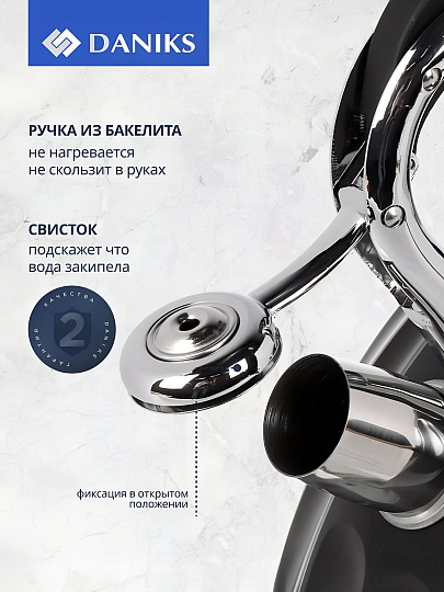 Чайник нержавеющая сталь, 3 л, со свистком, ручка бакелитовая, Daniks, индукция, черный, GS-04611B