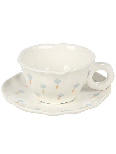 Чайная пара керамика, 2 предмета, на 1 персону, 220 мл, Английский стиль, голубые цветы, ручная работа, блюдце 15х2 см, B060325