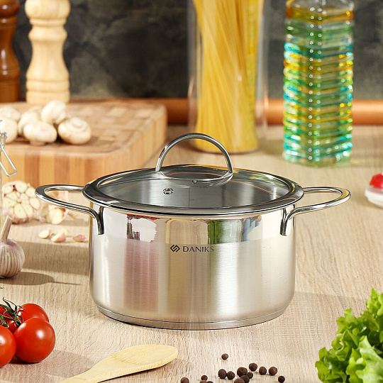 Кастрюля нержавеющая сталь, 3.4 л, крышка стекло, Daniks, Бонн, GS-01319-20CA, индукция