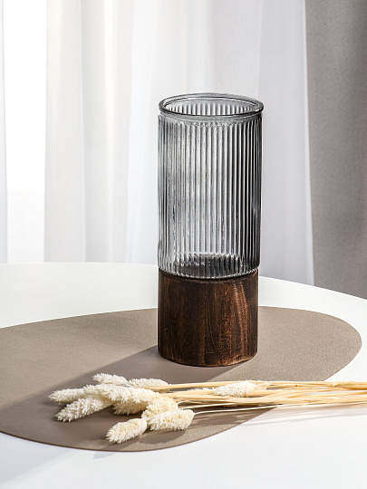 Ваза стекло, настольная, 26х10 см, Лофт, Y4-11070, полосы, цилиндр, с подставкая, серая