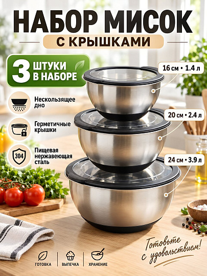 Набор мисок нержавеющая сталь, круглый, 3 шт, 16, 20, 24 см, с крышкой, Y4-11664