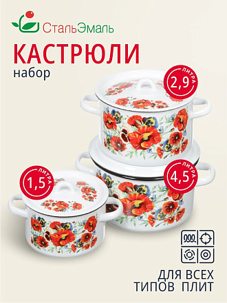 Набор посуды эмалированная сталь, 3 предмета, кастрюли 1.5,2.9,4.5 л, индукция, СтальЭмаль, Маки мечта, 1с33