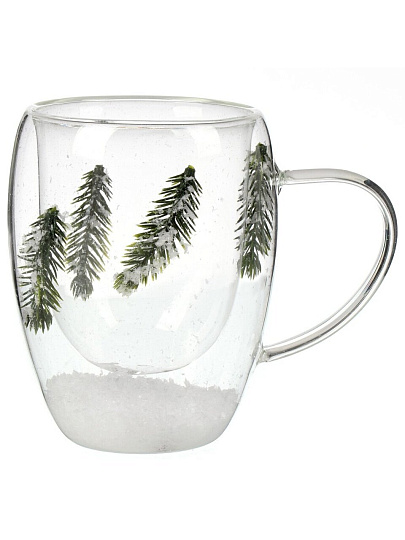 Кружка стекло, 340 мл, Еловая ветвь, двойные стенки, в индивидуальной упаковке, B060750