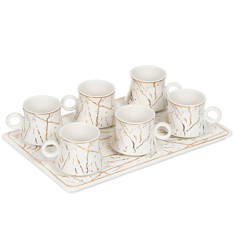 Набор чайный керамика, 7 предметов, на 6 персон, 180 мл, на подносе, Белый мрамор, Y4-3750, подарочная упаковка
