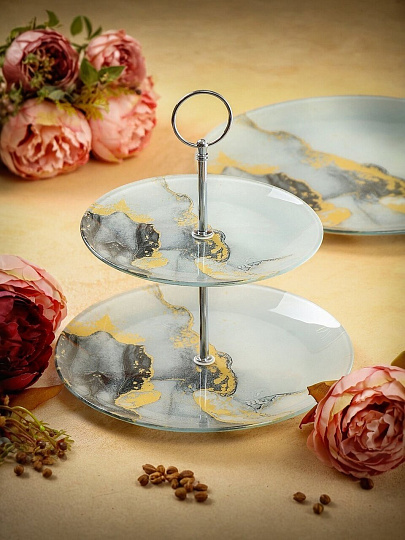 Ваза для фруктов, 2 яруса, стекло, 18 см, 23 см, Daniks, Флюид