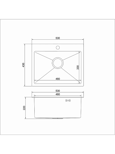 Мойка кухонная врезная, Mixline, Pro, нержавеющая сталь, 530х430х220 мм, 3 мм, выпуск 3 1/2, с сифоном, сатин
