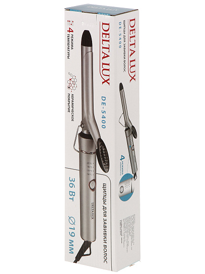 Щипцы Delta Lux, для завивки волос, 36 Вт, керамическое покрытие, 4 режима, 210 °, 19 мм, серые, DE-5400