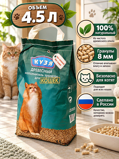 Наполнитель для лотка древесный, 4.5 л, для кошек, Кузя