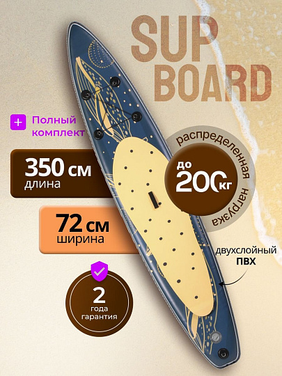 Сап борд надувной 350х72х15 см, двойной ПВХ, рюкзак, насос, весло и лиш, ремкомплект, 200 кг, SUP001