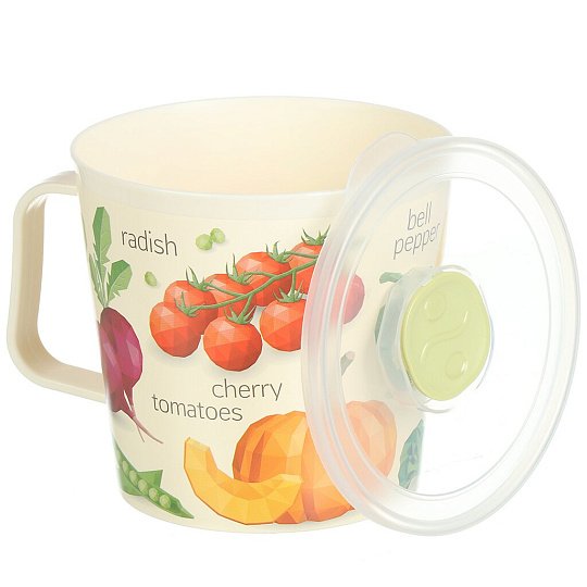 Контейнер-кружка пищевой пластик, 0.75 л, 11.1х11.1х10 см, светло-бежевый, круглый, с крышкой, с декором, Homver, 30725/01