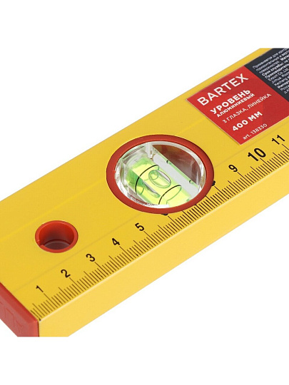 Уровень алюминий, 400 мм, 3 глазка, линейка, желтый, Bartex, HJ-88D