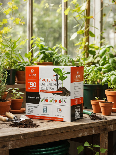 Набор для капельного полива с регулируемыми капельницами, от емкости, на 90 растений, с таймером, 30 м, Жук, 8005-00