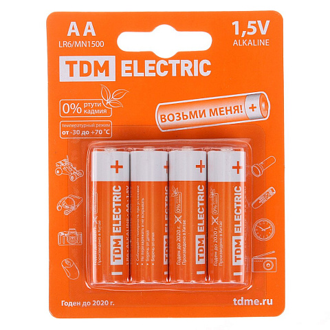 Батарейка TDM Electric, АА (LR06, LR6), Alkaline BP-4, алкалиновая, 1.5 В, блистер, 4 шт, SQ1702-0003