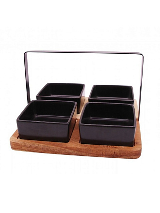 Менажница для сервировки, керамика, 19х19х1.5 см, 120 мл, 4 секции, 5 предметов, деревянная подставка, Apollo, Alturo, ALT-03