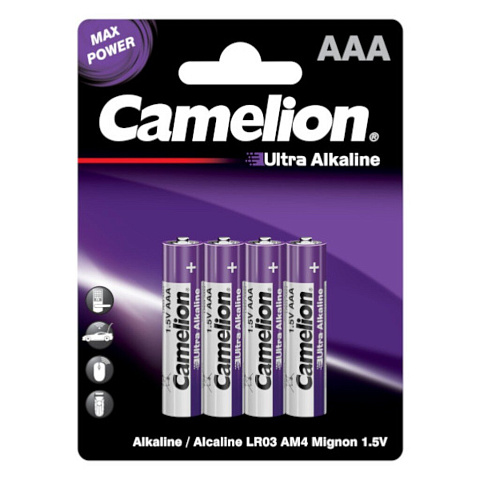 Батарейка Camelion, ААА (LR03, 24A), Ultra Alkaline, щелочная, 1.5 В, блистер, 4 шт, 14985