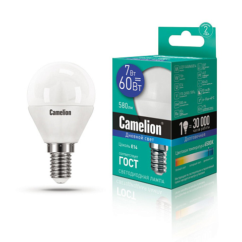 Лампа светодиодная 7Вт 220В 6500К Camelion LED7-G45/865/E14